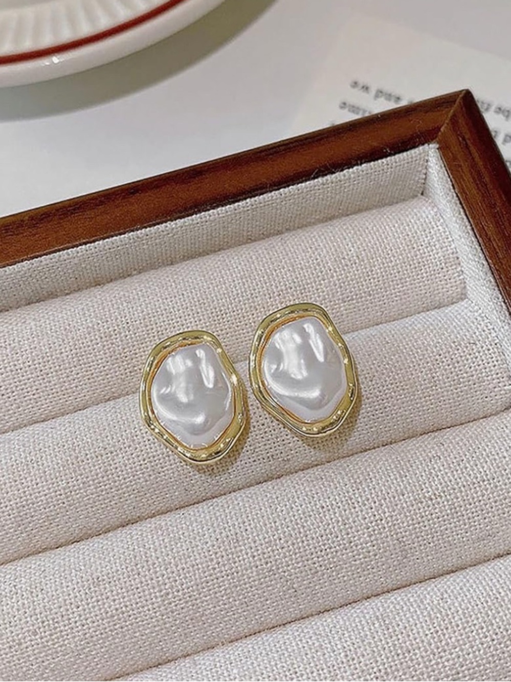 14k Gold Plated Frame Irregular White Pearl Stud Earrings - Picture 5 of 6